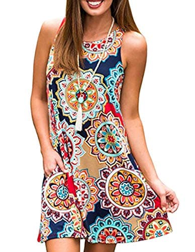 Women's Summer Casual Sleeveless Long Tunic Tops Crew Neck Floral Printed Loose T-Shirt Dresses with Pockets