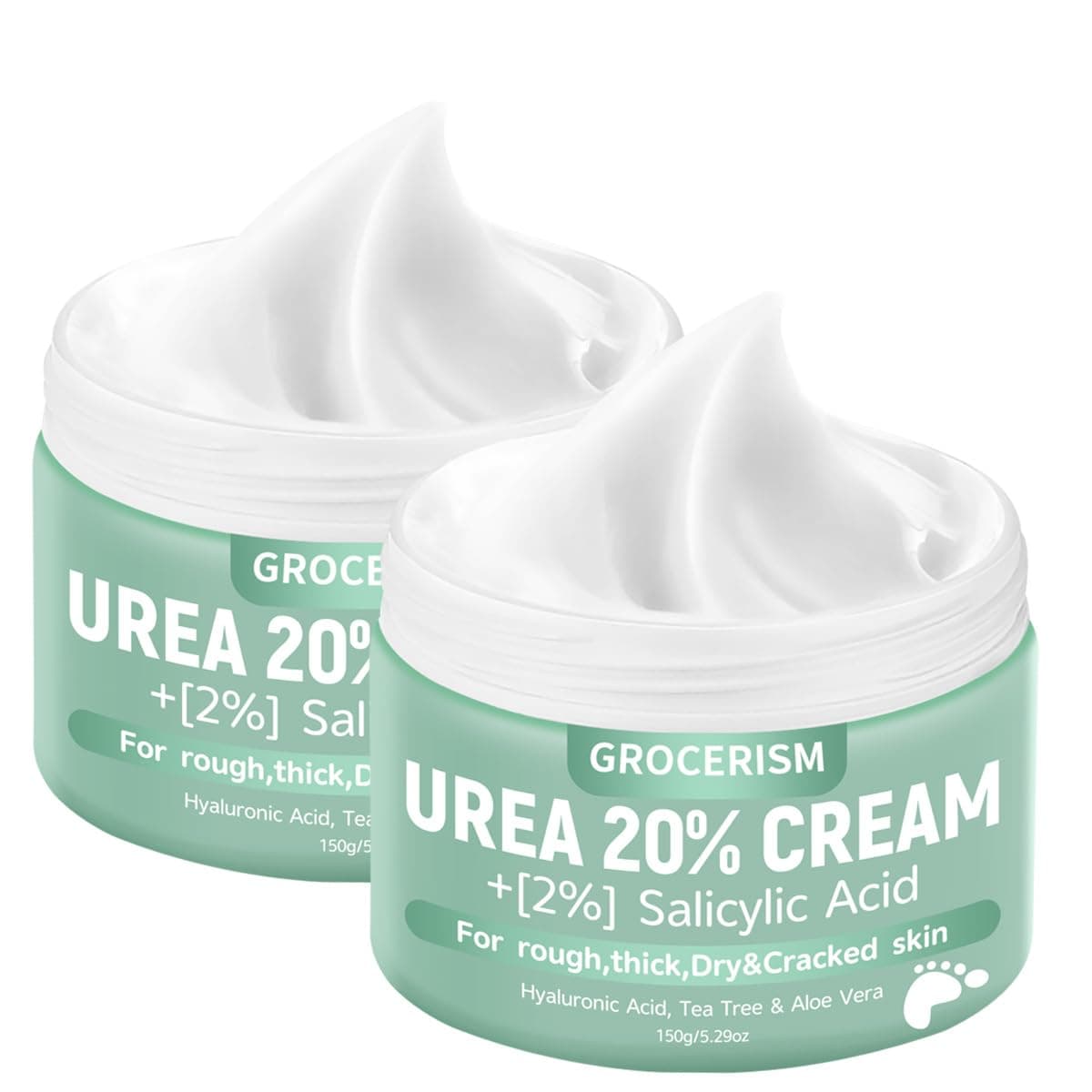 Grocerism 2 Packs Urea Cream 20% Plus 2% Salicylic Acid 5.3oz || Foot Cream Maximum Strength with Hyaluronic Acid, Tea Tree and Aloe Vera for Deep Moisturizes, Callus Remover and Soften