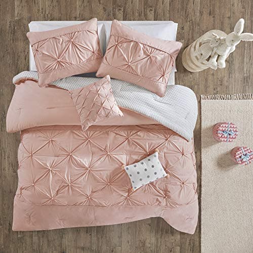 UHK10-0080 Aurora 4 Pieces Cotton Reversible Comforter Set Bedding, Twin/Twin XL Size, Blush