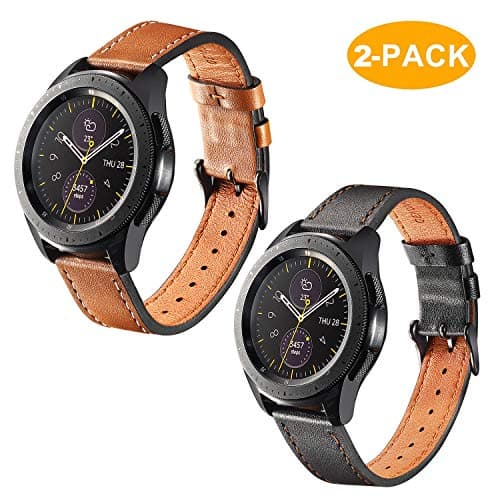 for Samsung Galaxy Watch 42mm Band - 2 Pack Premium Genuine Leather Straps with Black Buckle for Mens, Brown + Black