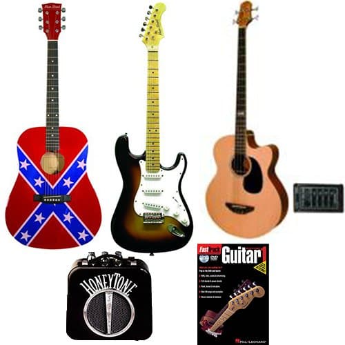 Acoustic & Electric Guitars & Bass Beginner Pack - Main Street Dreadnought Acoustic Spruce Top Guitar, Double Cutaway Electric Guitar in Tobacco Sunburst, Bass Guitar w/Spruce Top, Mini Amp & Beginner Book