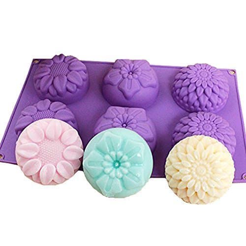 Echodo 6 Cavity Silicone Flower Soap Mold Chrysanthemum Sunflower Mixed Flower Shapes Cupcake Backing Mold for Homemade Soap, Cake, Cupcake, Bread, Muffin, Pudding Cake Molds, Soap Silicone Moulds …