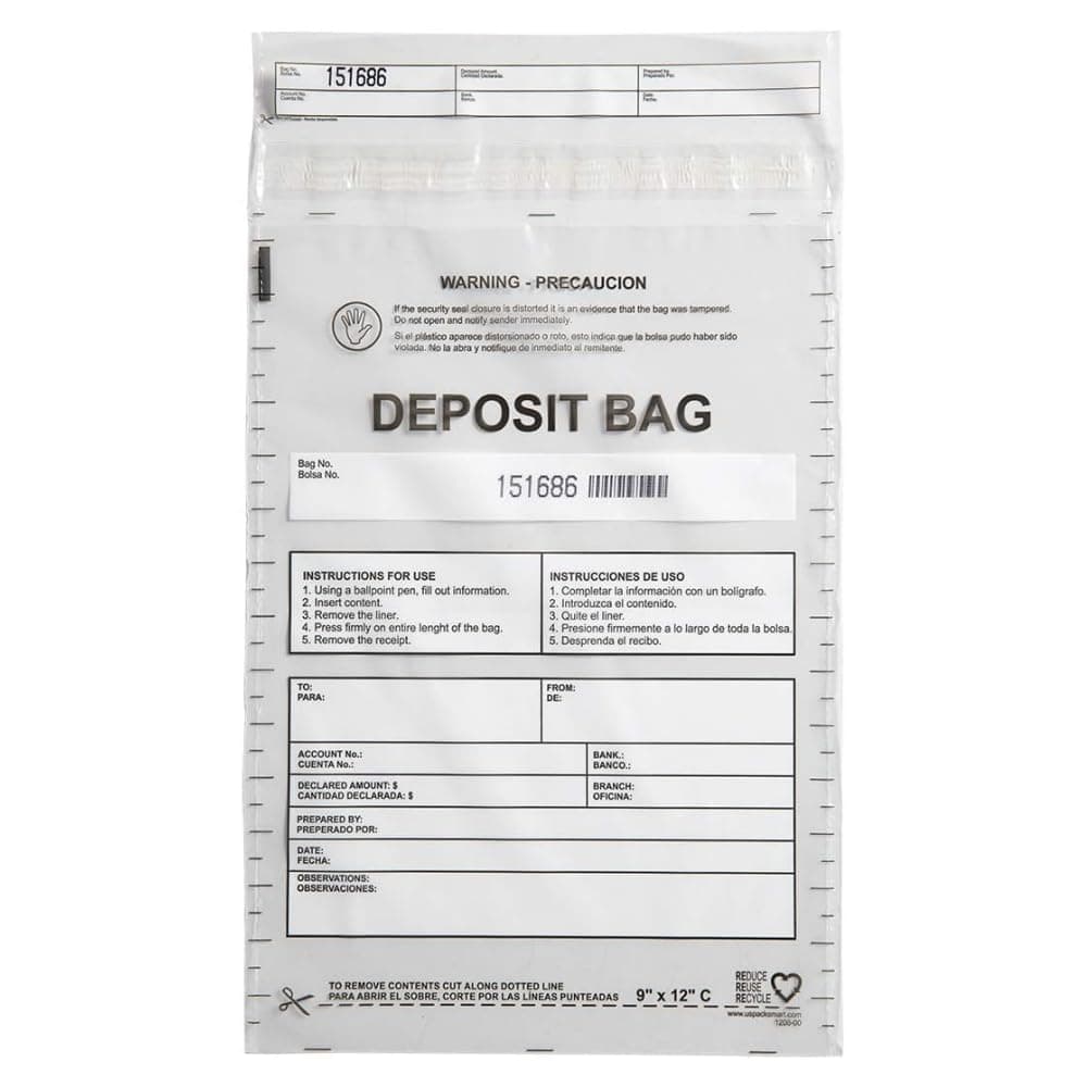 Clear Plastic Deposit Bags 9"x12" | Secure Bank Deposits, Cash Handling or Safe Currency Transportation | Sequential Barcodes | Tamper-Evident | Tear-Off Receipt for Security | 100-Pack