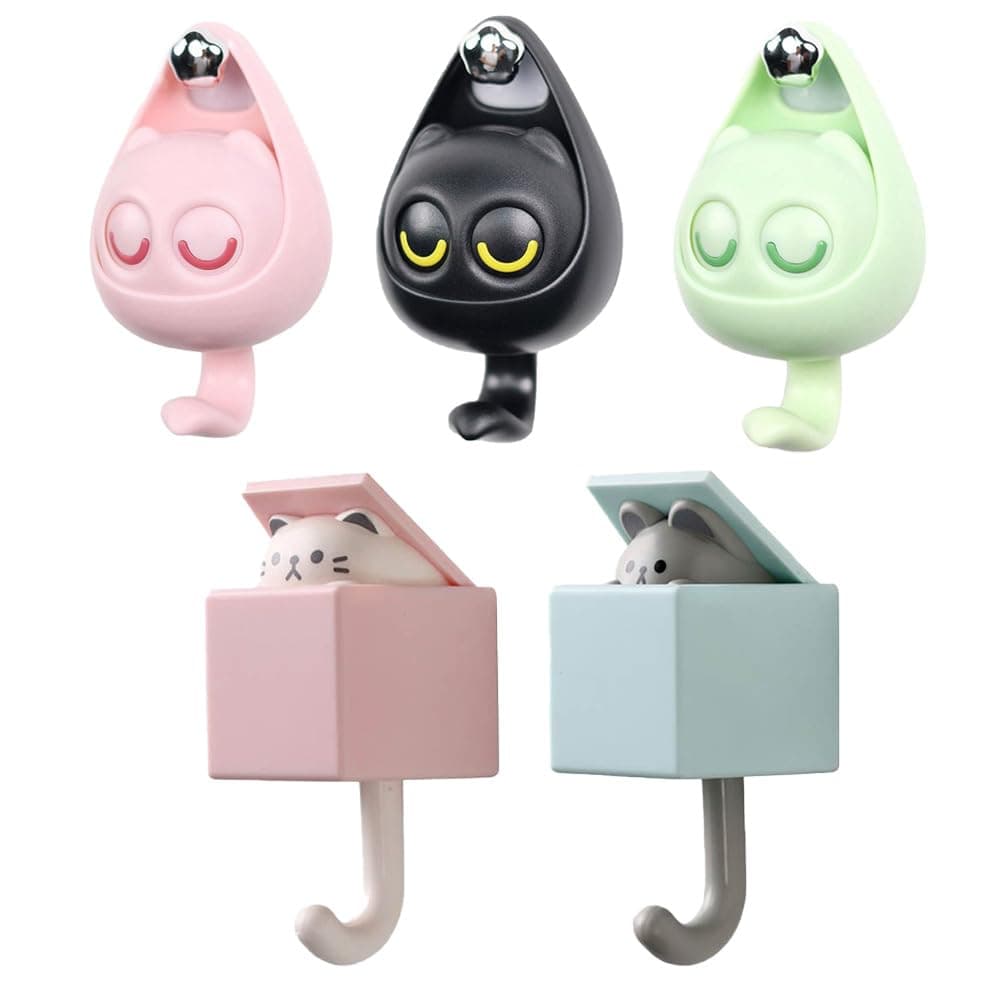 Kopida5 Pcs Cute Animal Cat Wall Hook, Funny Cat Blink Design Wall Hook Adhesive Kids Wall Hooks for Boy and Girl Room Bedroom Hanging Towel, Coat, Hat, Scarf, Cloth, Key, Wall Hanging Decorations