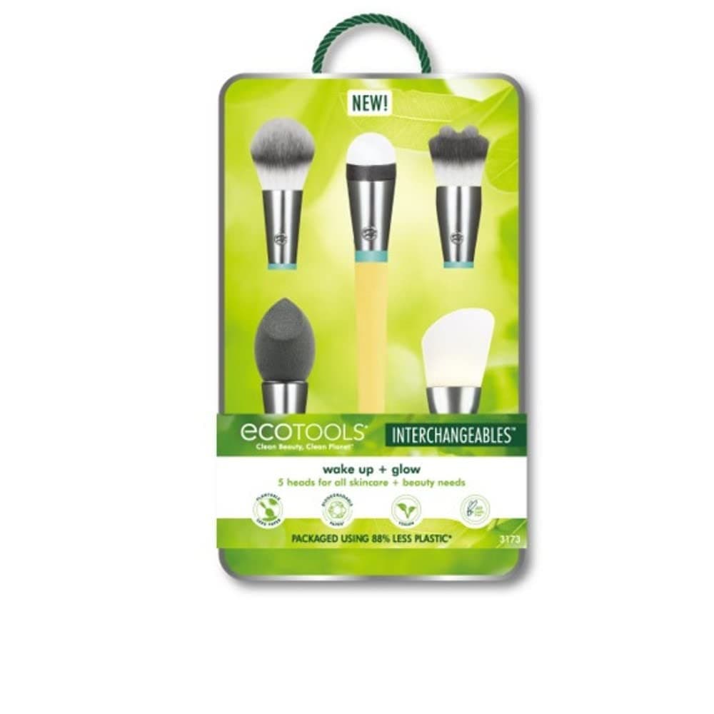 Wake Up + Glow Interchangeables Makeup Brush Set with Case, With Beauty Blender Makeup Sponge, Silicone Applicator Face Mask Brush, Eye Roller Depuffer (Set of 6)