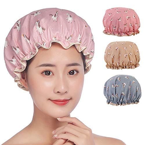 Waterproof Shower Bath Cap, 3PCS Printing Color Caps Bath Caps Reusable Double Layers for Women Hair Protection EVA Plastic Lace Elastic Band Hat
