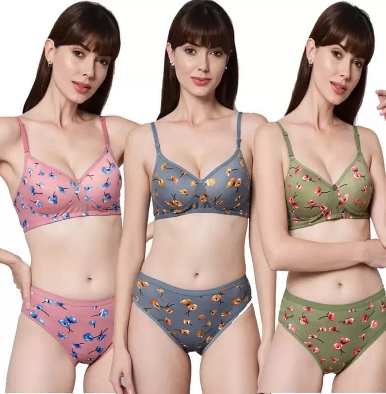 Women's Cotton Full Coverage Lightly Padded Wire Free Bra Panty Lingerie Set Honeymoon Bikni Set for Girl's Combo Pack of 3