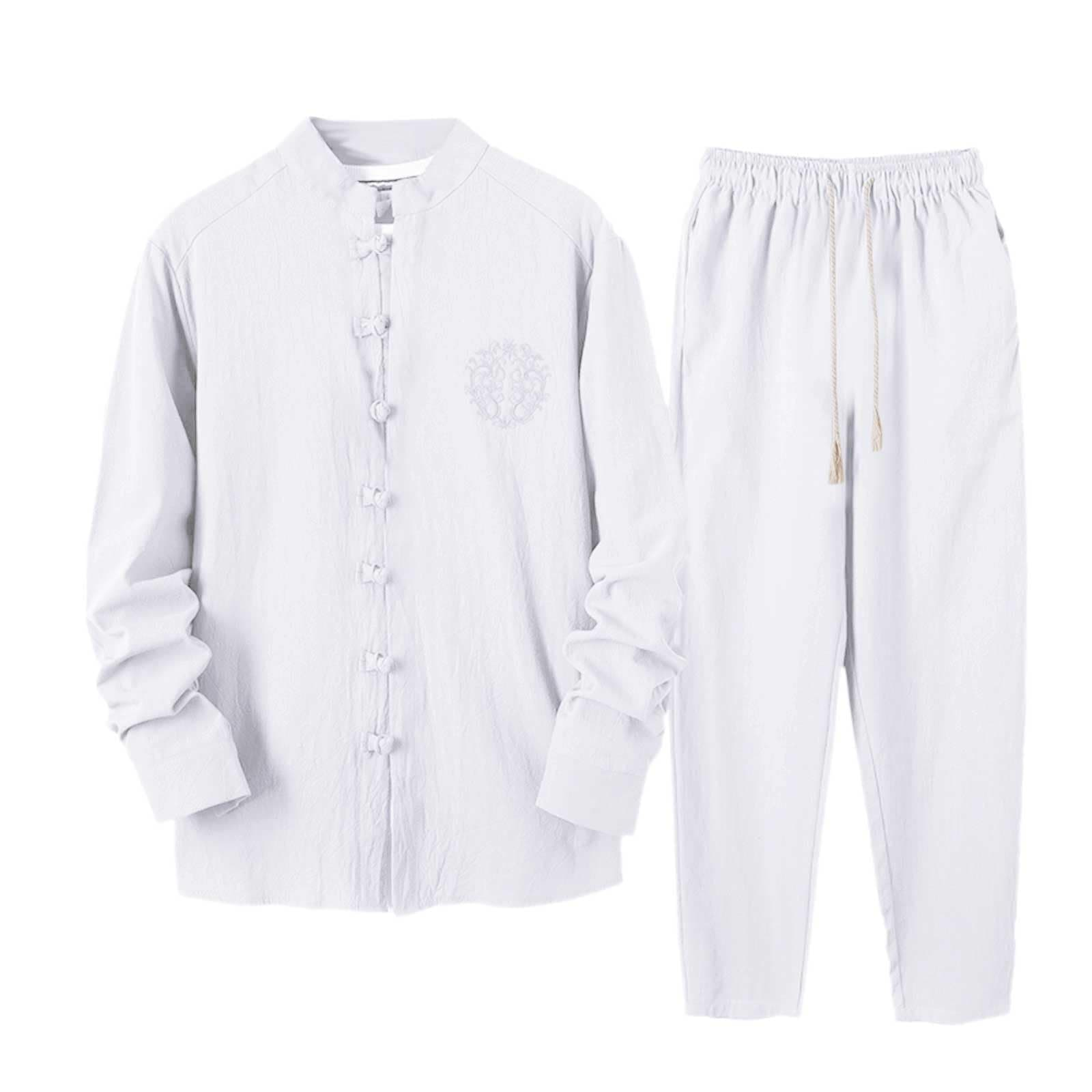 TUQIDEWUMen's Tracksuits Mens Full Set Casual Men's Tuxedo Jacket Male Autumn Cotton Linen Suit Solid Color Embroidery Long Sleeve Button Down Shirt Drawstring Casual Pants Two Piece Set Medium Suit