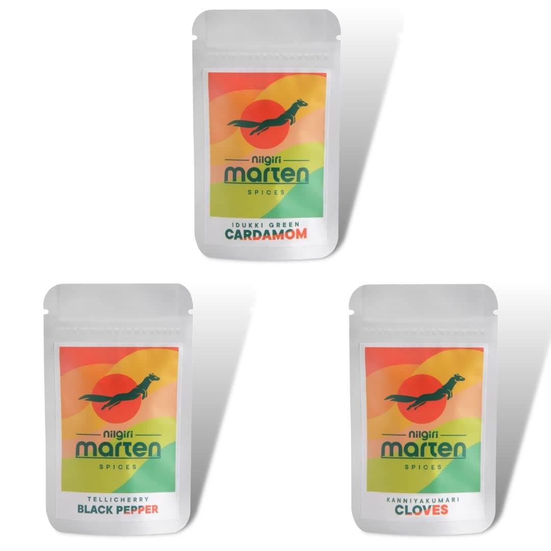 Nilgiri Marten Spices Idukki Green Cardamom, Tellicherry Pepper Bold & Kanniyakumari Cloves, (Pack Of 3),60 Grams