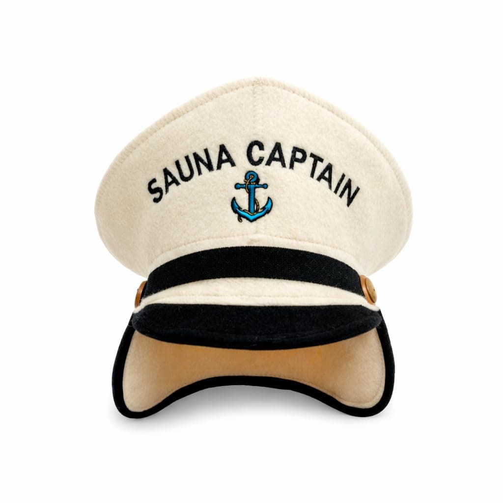 Sauna Hat 'Sauna Captain' White - 100% Organic Wool Felt Hats for Russian Banya - Protect Your Head from Heat - English Sauna eBook Guide Included - with Embroidery