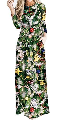 Women's Christmas Dress Xmas Print Party Ugly Christmas Long Maxi Dress with Pockets