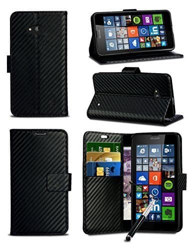 For Huawei Honor Holly Hol-U19 / Dual SIM - Carbon Fibre Style Leather Wallet Flip Skin Case Cover with Retractable Capacitive Stylus Touch Screen Pen, Screen Protector and Polishing Cloth in Black