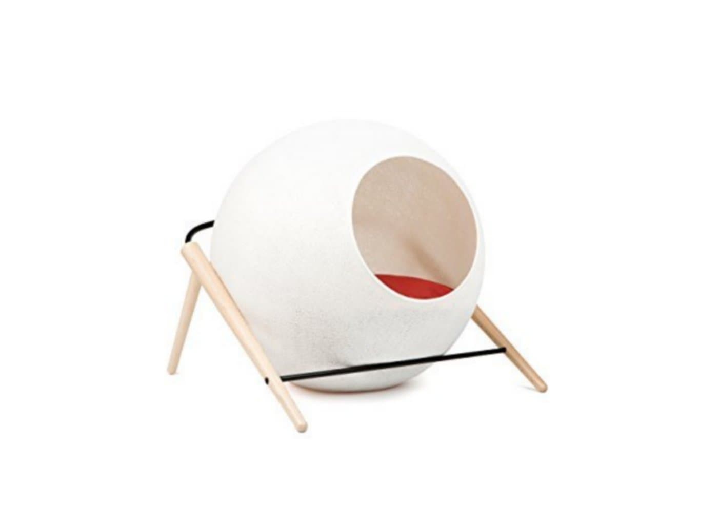 the BALL, bed, cozy shelter and claw sharpener - Ivory cocoon/camel pillow/white metal frame