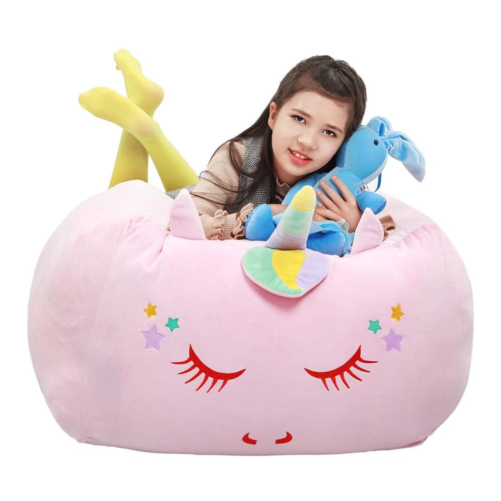 Stuffed Animal Storage Bean Bag Chair Cover for Kids Pink Unicorn Beanbag Chair for Girls Large Size Toy Organizer Cover Only Without Filling