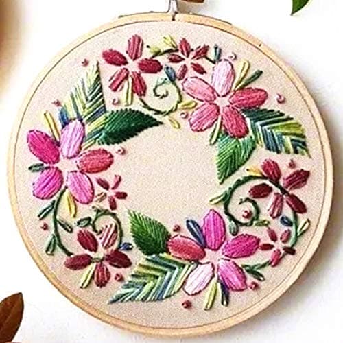 Handmade Embroidery Starter Kit, Cross Stitch with Embroidery Cloth, Plastic Embroidery Hoop, Color Threads, Needles and Tools Kit for Beginner