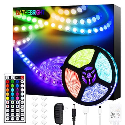 BATHEBRIGHT LED Strip Lights Waterproof IP65 16.4ft 300Leds RGB SMD 5050 Rope LEDs Color Changing Light Full Kit with 44 Keys IR Remote Controller 12V 2A Power