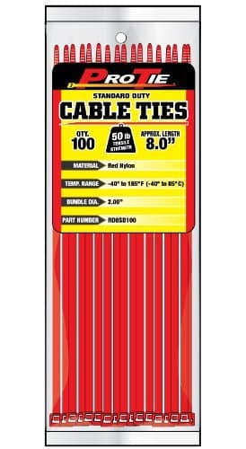 Pro Tie RD8SD100 8-Inch Red Standard Duty Color Cable Tie, Red Nylon, by Pro Tie