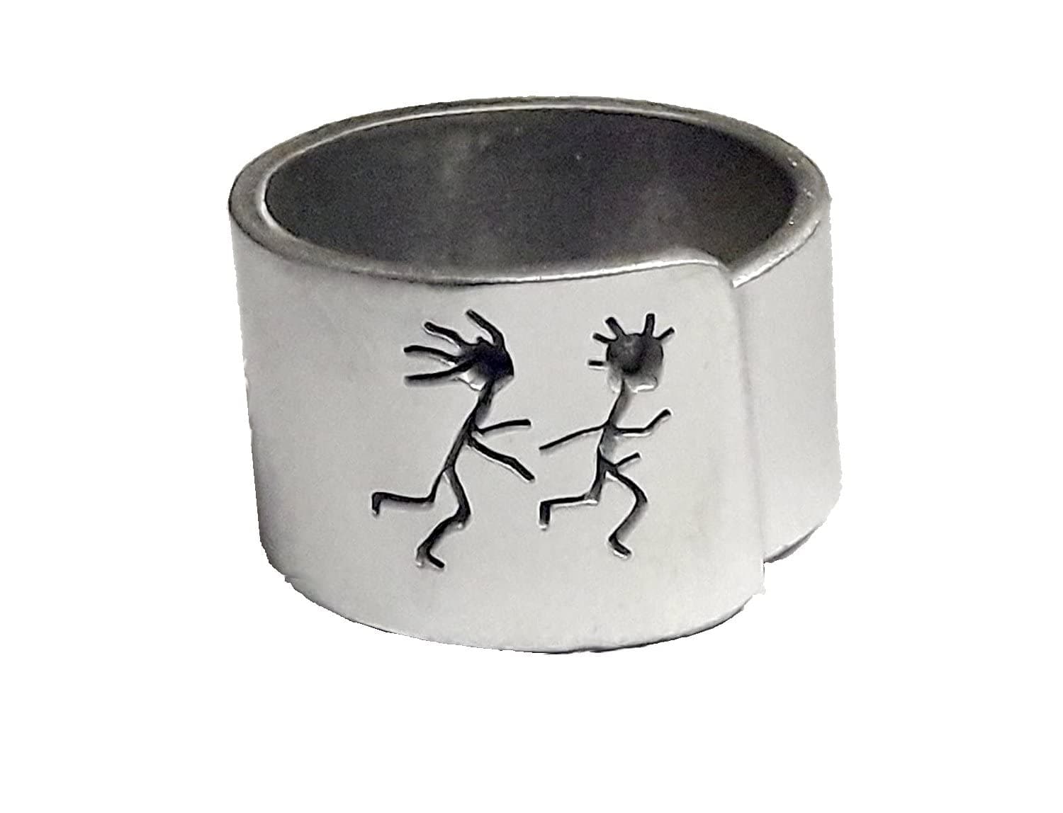 Open aluminum band ring with: She follows him, and custom text.