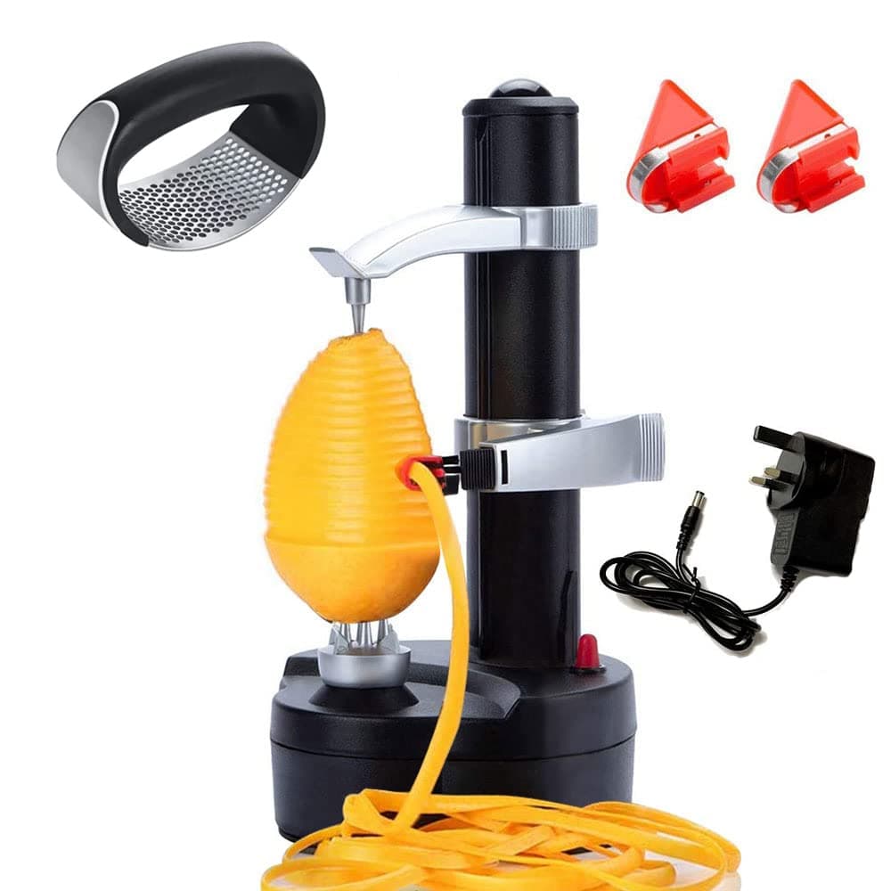 Automatic Potato Peeler Electric Peeler for Potatoes and Fruit [1 Adapter 2 Extra Blades] - Electric Apple Peeler Fruit Peeler Stainless Steel Kitchen Peeling Tool with Garlic Press Rocker
