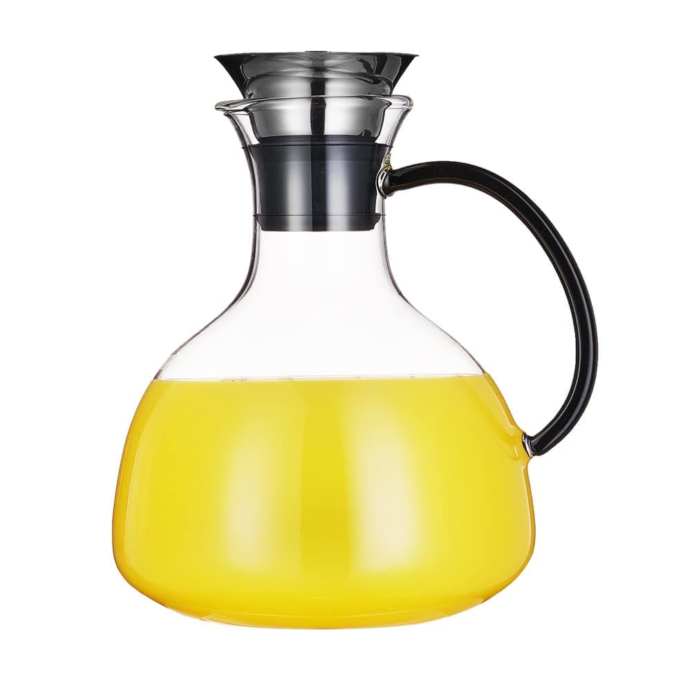 Purefold 68 Ounce Glass Pitcher with Drip-Free Stainless Steel Lid, Hot and Cold Water Carafe, Fruit Tea Coffee Maker, Ice Tea Pitcher, Juice Jar - Black Handle Series