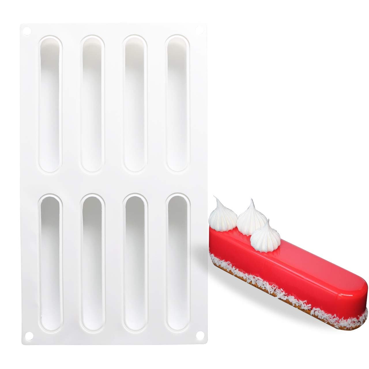 AICHEF Cake Dessert Mousse Cake French Mousse Mould White Silicone Gel Molds.Household High Temperature Patisserie Mould Mousse.(8-Connected Solid Strip-Silicone Gel Molds).
