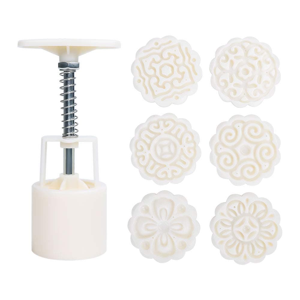 MCOMCE Lahsary Cookie Stamp, 50g Mooncake Mold with 6 Stamps, Flowers Design Cookie Stamp Moon Cake Mold Stamps - Mid Autumn Festival Cookies Cutters - DIY Decoration Mooncake Press Molds (White)