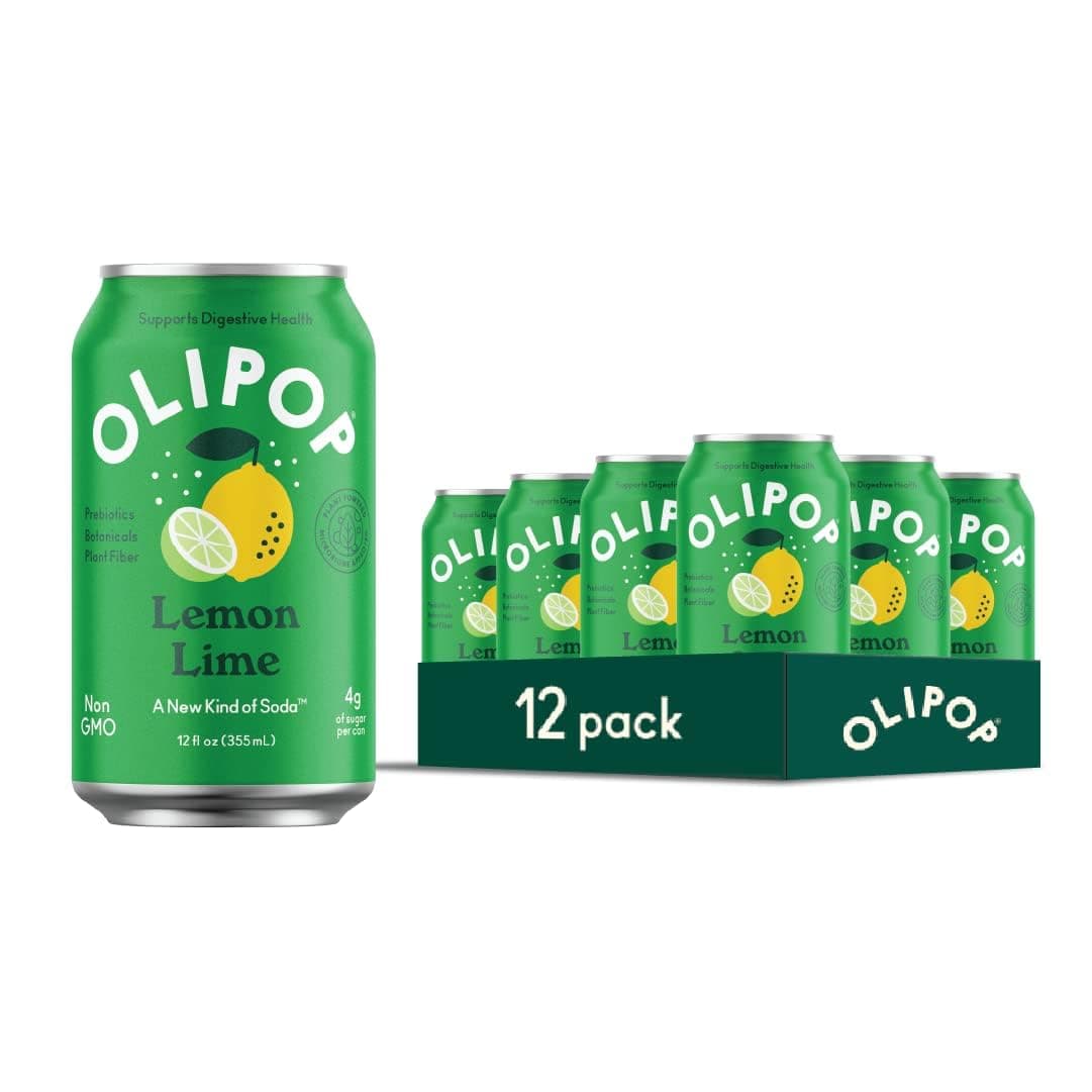 OLIPOP Prebiotic Pop Soda, Lime, A New Type of Soda Filled with Prebiotics, Fiber & Plants, Gluten Free, Vegan, Non-GMO, 355 mL (12 Cans)