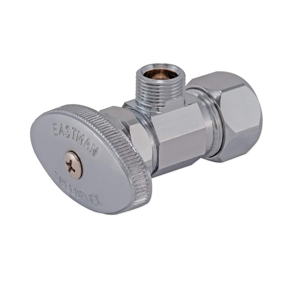 Multi-Turn Angle Stop Valve with Nut and Sleeve, 3/8 Inch OD x 5/8 Inch OD, Chrome Plate, 48290LF