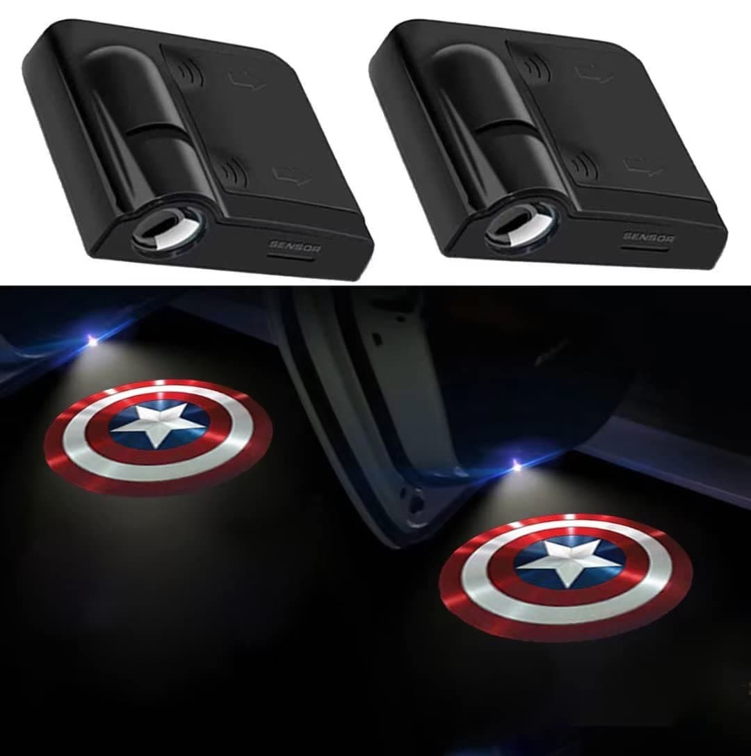 2Pcs fit for Captain America Car Door Lights Logo Projector, Wireless Led Shadow Ghost Light for Captain America Fans, Universal Fits to Most Cars/Trucks/SUVs