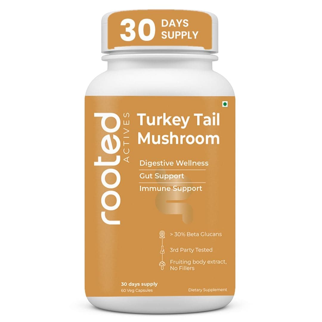 Rooted Turkey Tail mushroom Extract Capsules (60 Veg Caps, 500 mg) | Heart health, Stress Relief, Liver. USDA Organic, 30% Beta Glucans, Certified organic