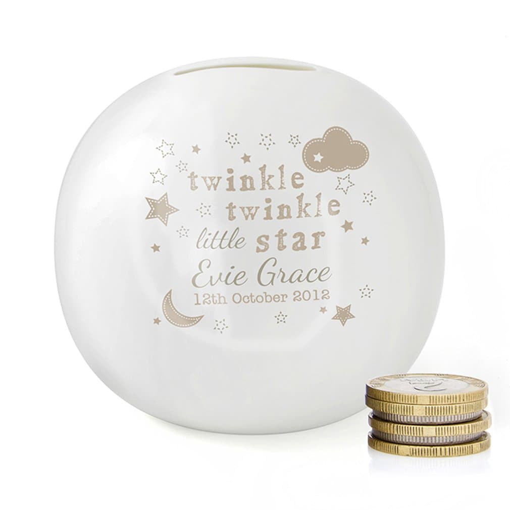 Personalised Money Box / Jar. Twinkle Little Star. White Ceramic. Childrens / Baby Moneybox, Piggy Bank. Kids Or Newborn Babies Gift