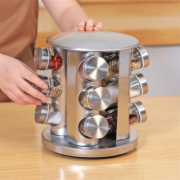 MUGATH Stainless Steel Revolving Spice Rack | 12 in 1 Masala Rack Set |Seasoning Kitchen Storage Organization | Turntable Condiment Stand | Revolving Spice Rack | Round Masala Spice Rack/Container