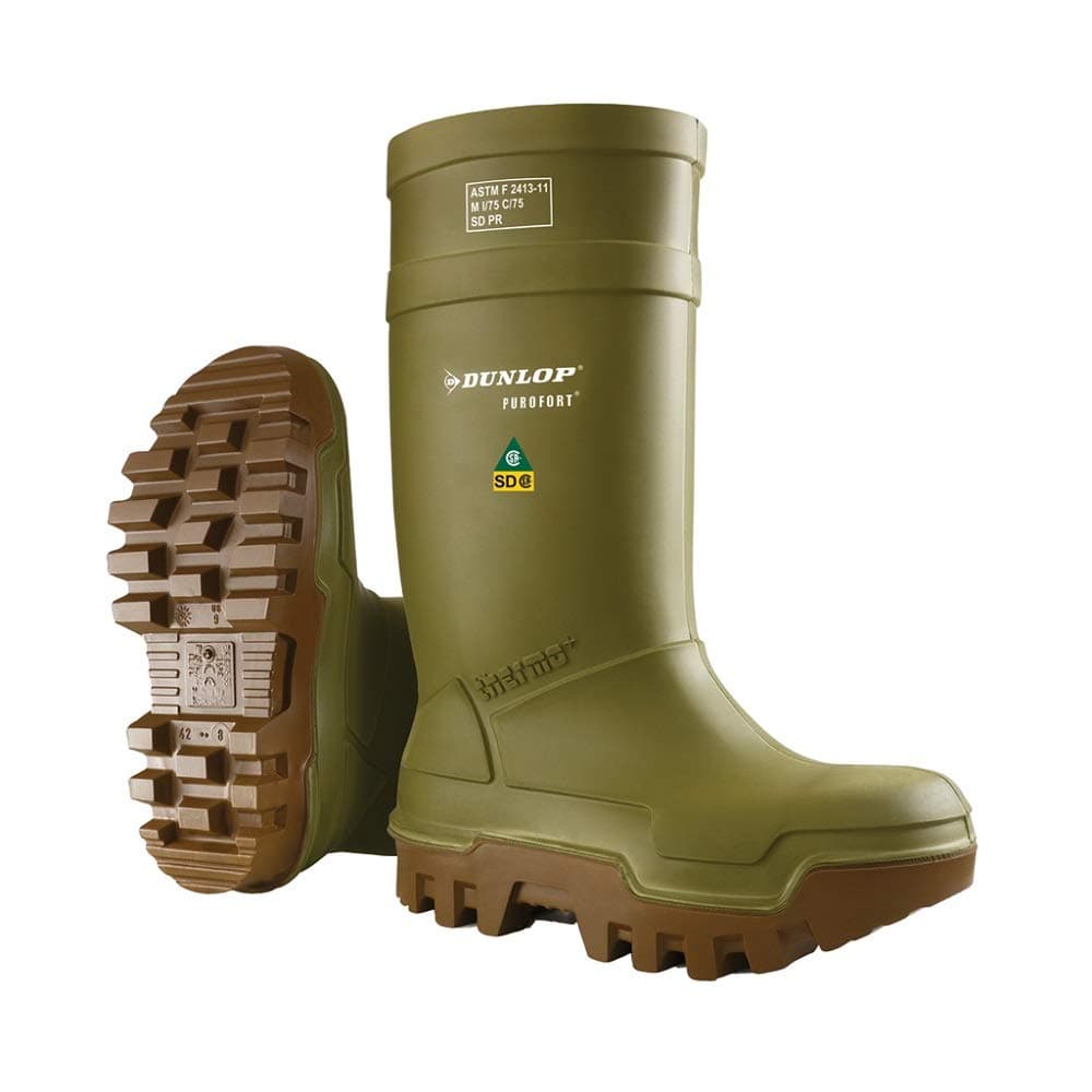 DUNLOP Protective Footwear, Purofort Thermo+ Full Safety, 100% Waterproof Purofort Material, Lightweight and Durable Protective Footwear, Slip-Resistant, E662843.07, Size 7 US, Green/Brown