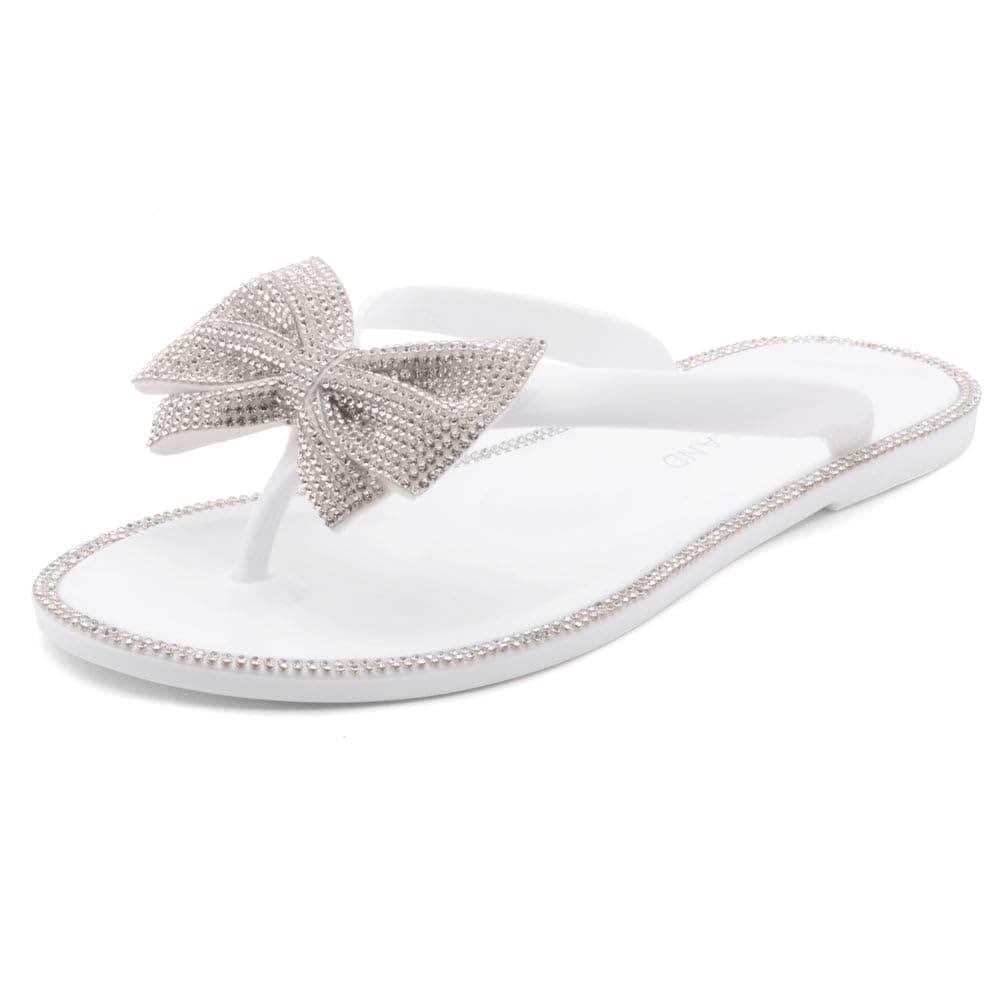 Women's Jelly Flat Sandals, Rhinestone Bow Thong Sandals – Sparkly Flip Flops for Beach & Pool | Comfortable Non-Slip Slides | Cute Bling Strappy Sandals