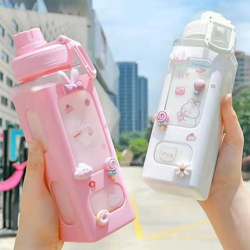 Kawaii Water Bottle with Straw Cute Large Water Bottles with Kawaii Stickers Aesthetic Leakproof Square Drinking Bottle (white 1)