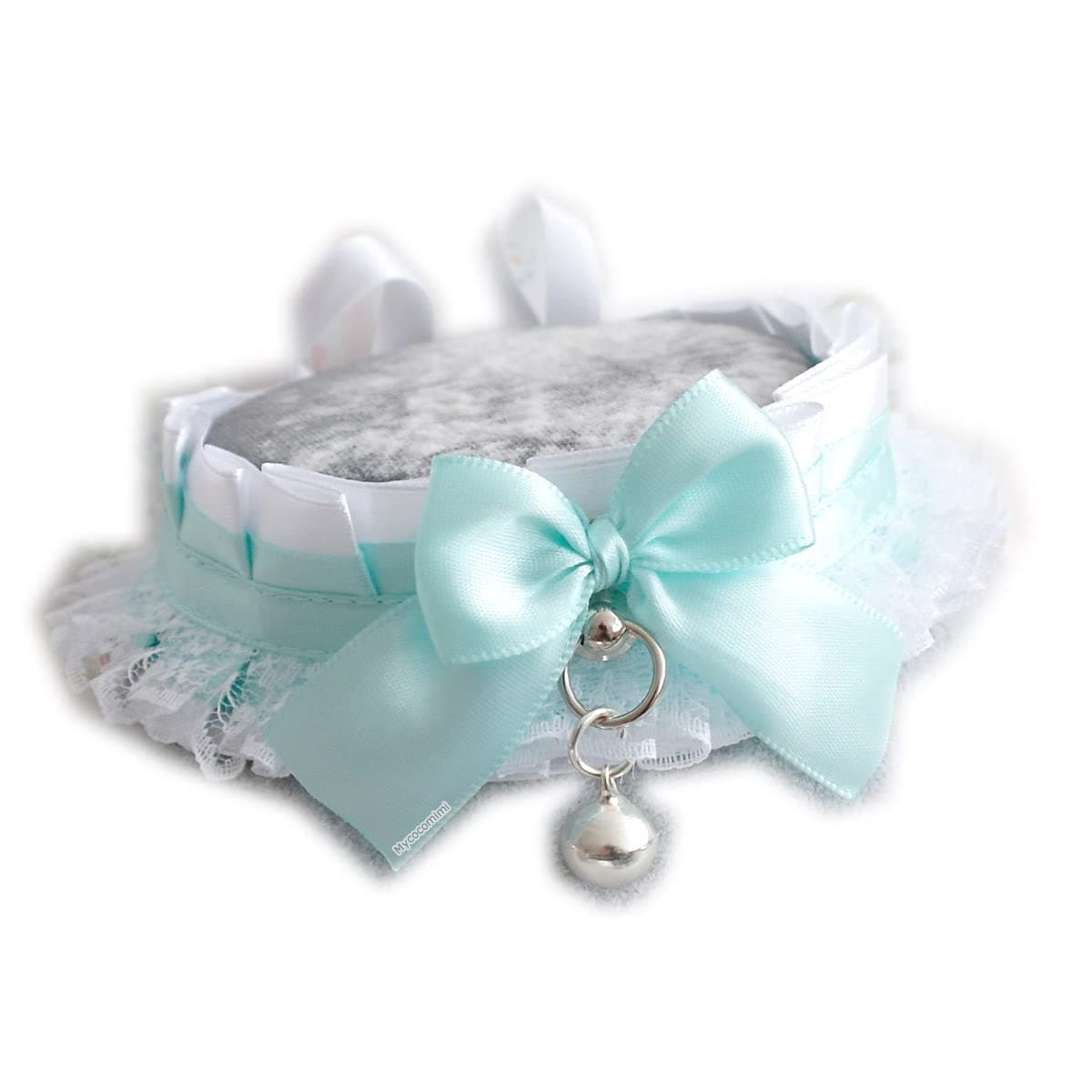Seafoam mint green choker necklace,Kitten Play Collar,White Lace Ruffles Bow with a bell, Kawaii Princess pastel DDLG Accessories (16, green)