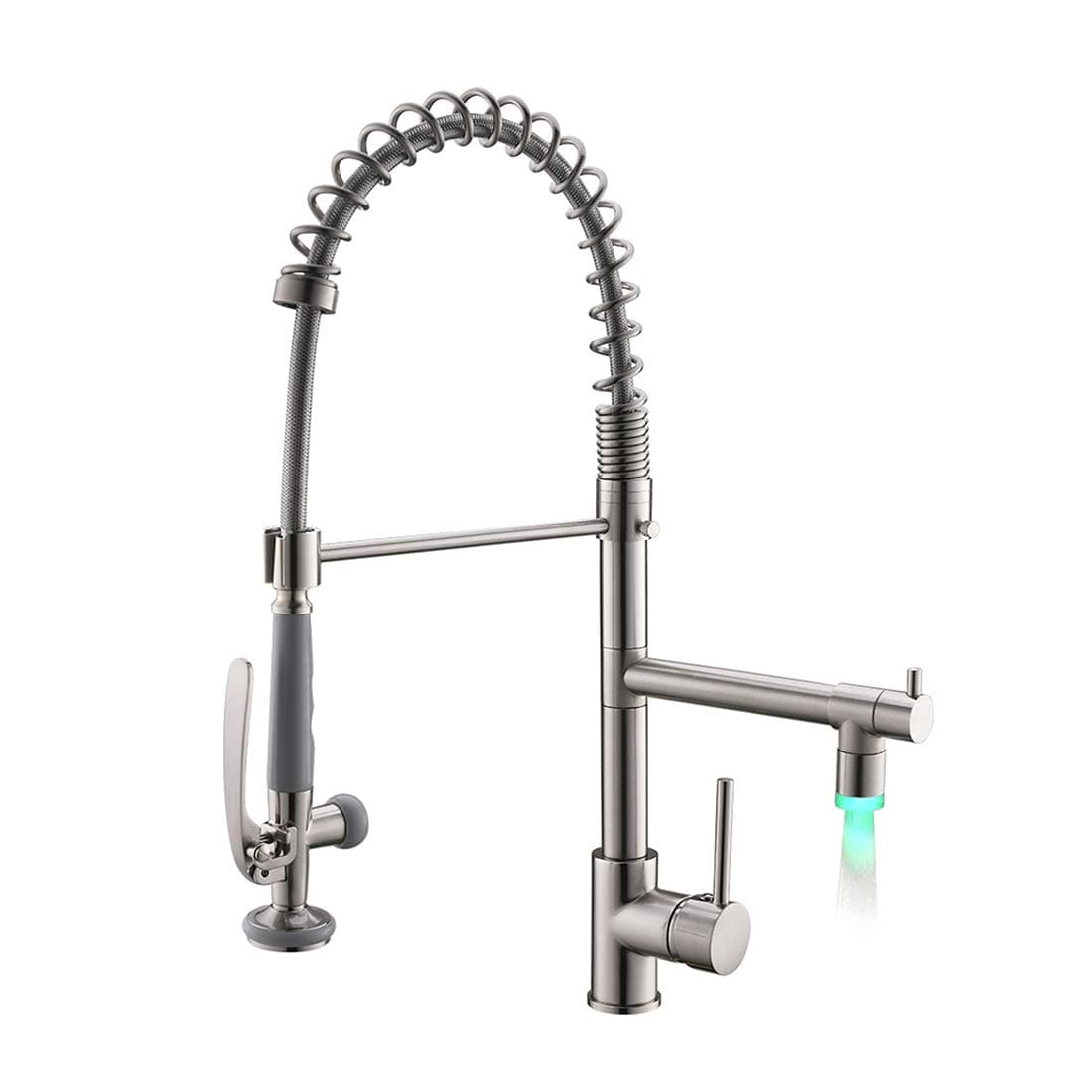 Fapully Contemporary Single Handle Kitchen Faucets with Pull Down Sprayer, 2 Spout Kitchen Sink Faucet with LED Light Brushed Nickel