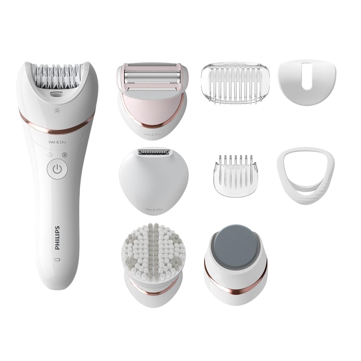 Series 8000 Epilator, Wet And Dry Cordless Hair Removal And Skin Care System, For Legs, Body With 9 Accessories Including Shaver Head And Pedicure Foot File Bre740/11, White