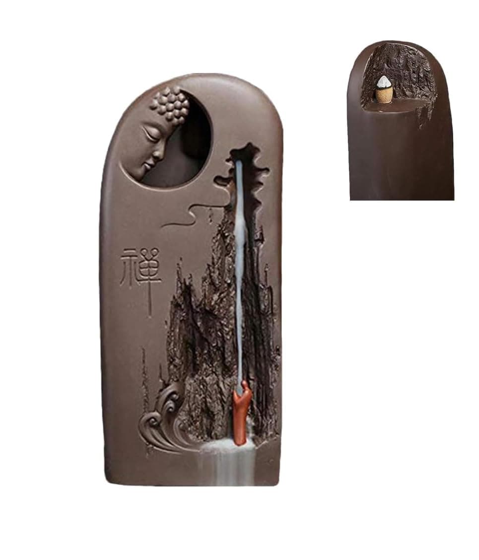 Ceramic Buddha Incense Burner Waterfall Chinese Backflow Incense Burner Holder Cones for Home Office Decor (Monk Buddha)