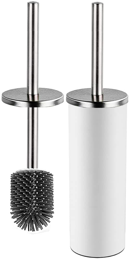 Toilet Brush and Holder,Stainless Steel Lid Handle,Silicone Deep Cleaner Toilet Brushes with Quick Drying Holder Set for Bathroom Toilet(White)