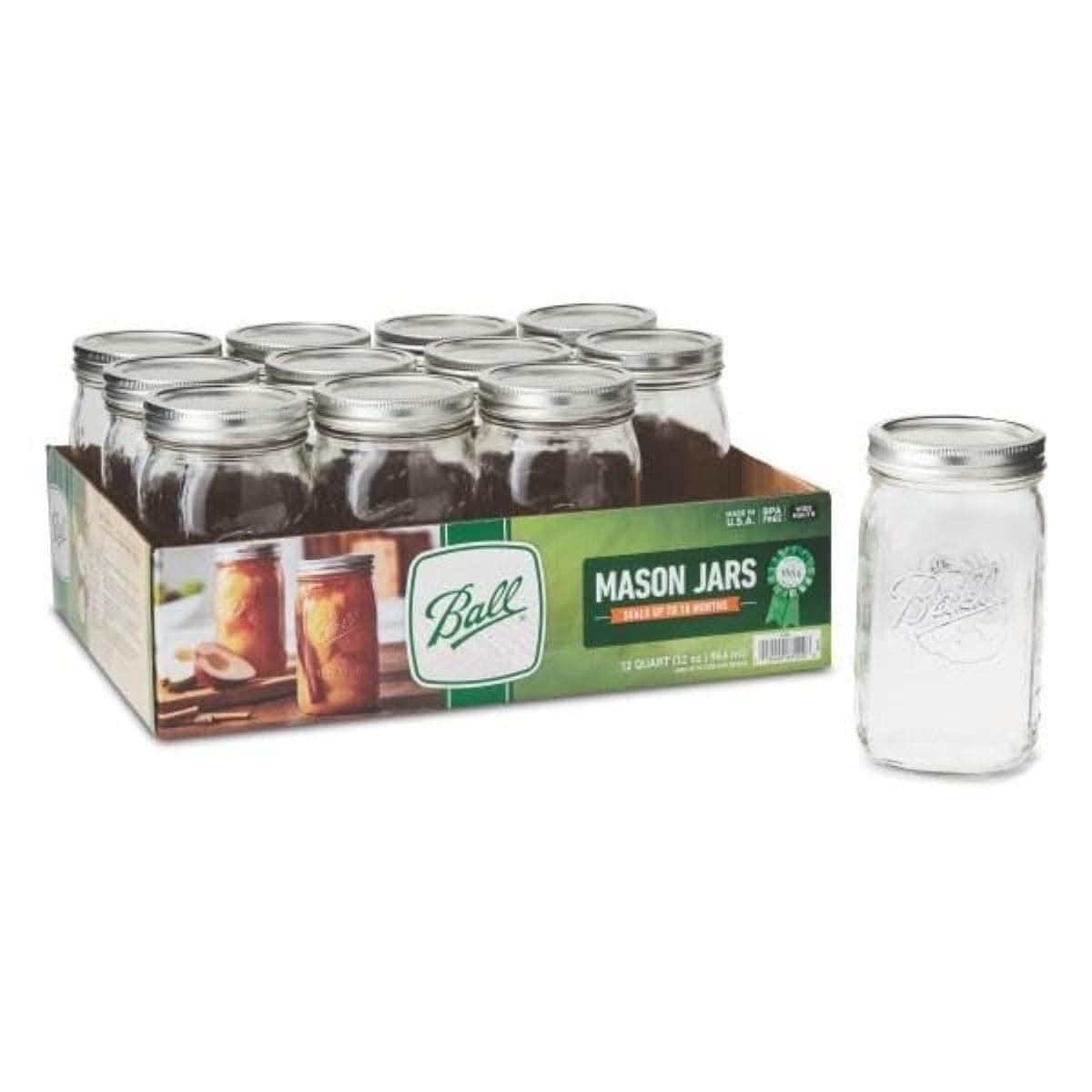 Ball Wide Mouth Clear Glass Canning Quart 32 Oz Mason Jars with Lids, 12 Pack