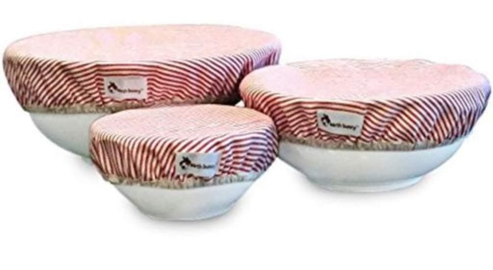 Earth Bunny Fabric Bowl Covers - Red Stripes | Set of 3 - Small, Medium, Large | 100% Cotton Cloth with Elastic Edging | Eco Friendly, Washable and Reusable