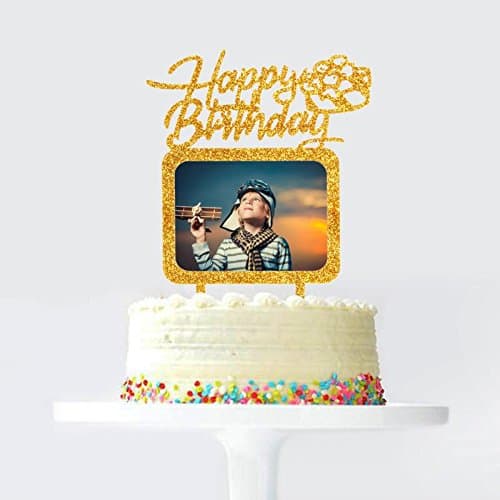 Gold Happy Birthday Cake Topper with Photo Frame, Birthday Girl Boy Woman Man Photo Picture Cake Toppers, Party Cake Decorations
