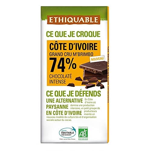 Ethiquable - Black Chocolate 74% Cocoa Cote D'Ivoire Bio 100G - Lot of 4 - Price Per Lot - Fast Delivery