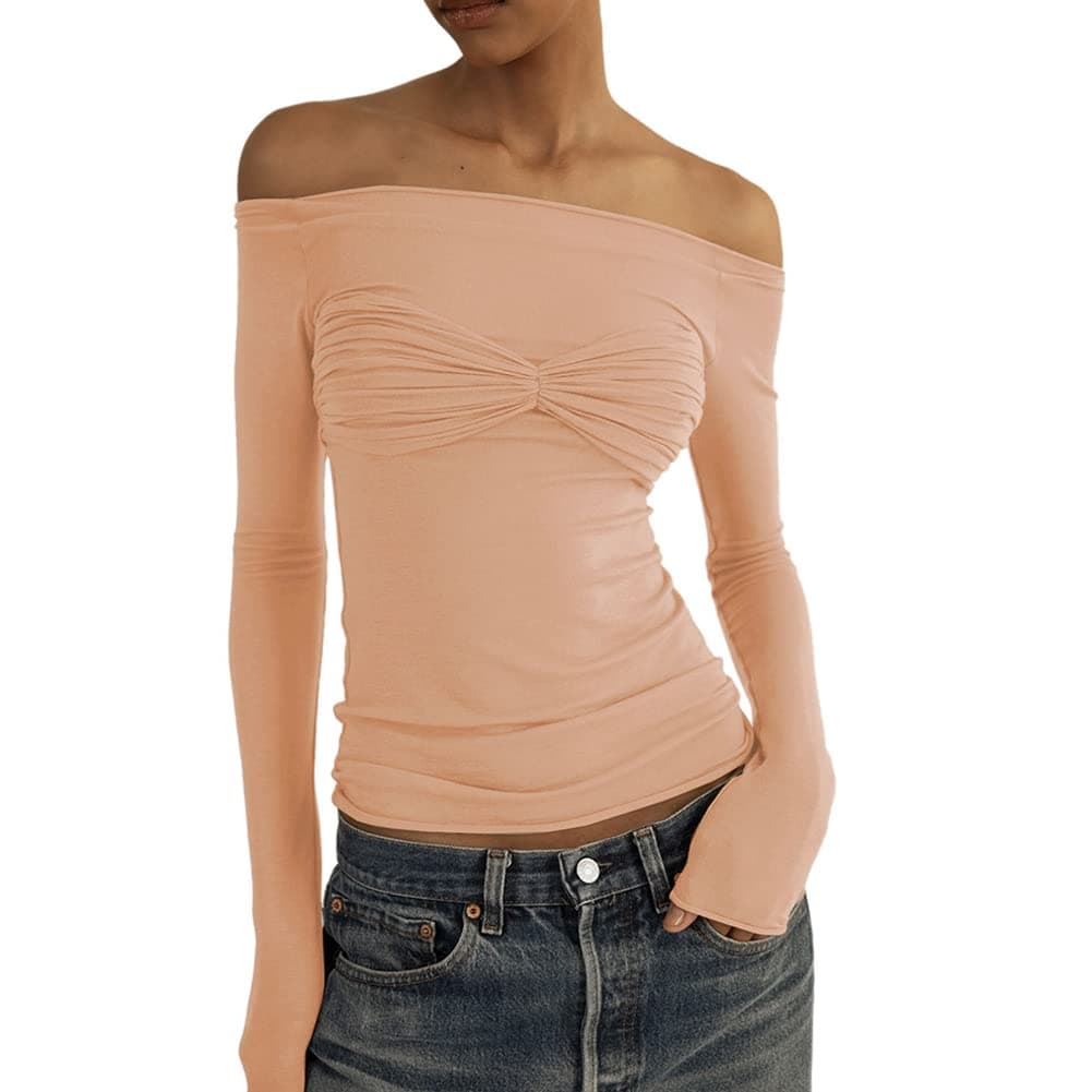 Women Sexy Sheer Mesh Off Shoulder Tee Shirt Top Long Sleeve See Through Ruched Slim Fit T-Shirt