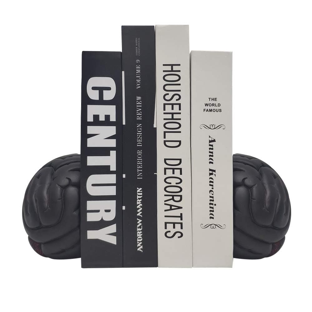 JSYS Brain Bookends, Universal Economy Decorative Bookends, Heavy Book Ends Supports for Books, 6"(L) x6(W) x4.5(H) inchs, Black,1Pair/2Piece (Brain Bookends)