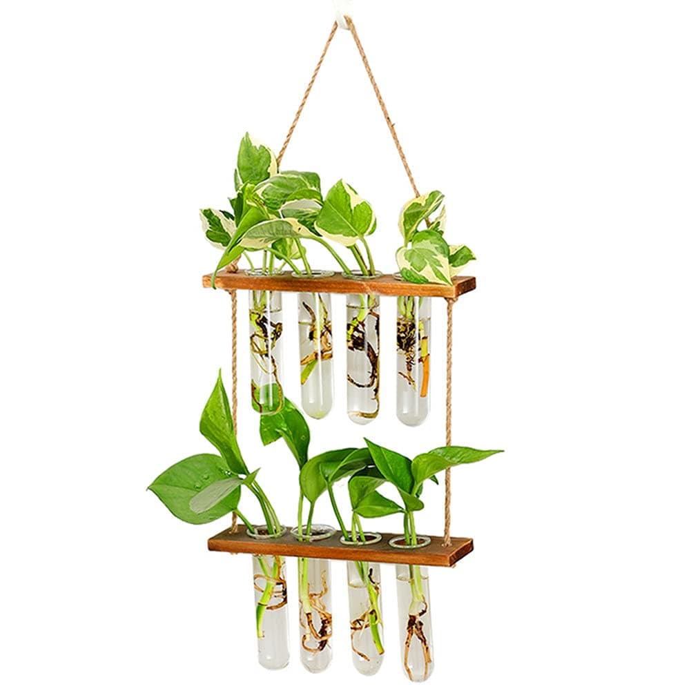 Maghat Wall Hanging Planter, 2 Tiered Glass Test Tube Vase with Wooden Stand, Hydroponic Plant Propagation Station, 8 Bulb Vase, Durable, Modern, Home Office Decor-19.7 inches