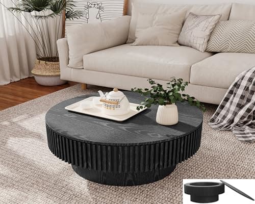 31.5" Round Coffee Table with Storage,Fluted Coffee Table with Removable Lid,Modern Handcraft Solid Wood Veneered Circle Coffee Table for Living Room (Black)