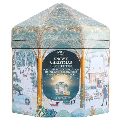 M&S Snowy Christmas Biscuit Musical Rotating Light Up Tin 405g Marks and Spencer
