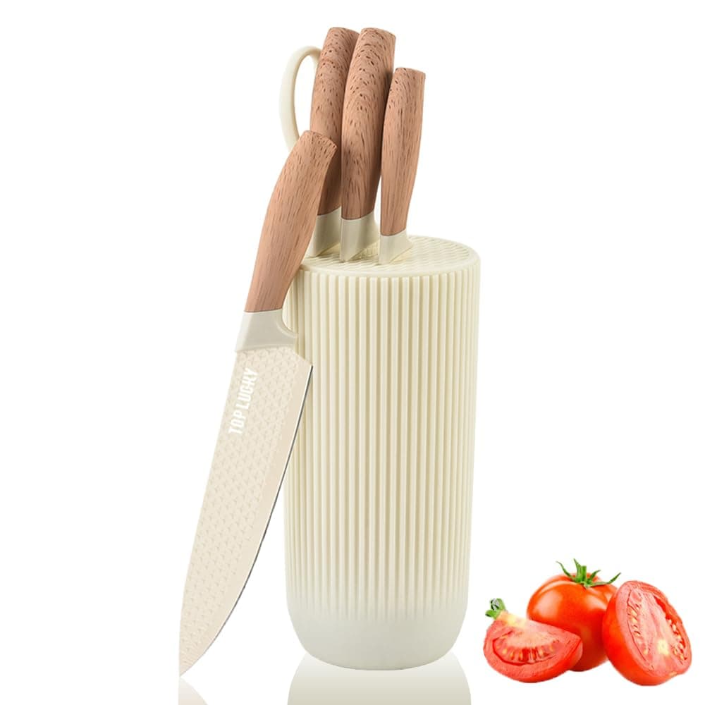 Knife Set, Wiztoynia 6-Piece Beige Kitchen Knife Set for Home, Anti-Rust Non-stick Stainless Steel Sharp Chef Knife Set with Universal Knife Block for Kitchen, Ergonomical Design (Beige)